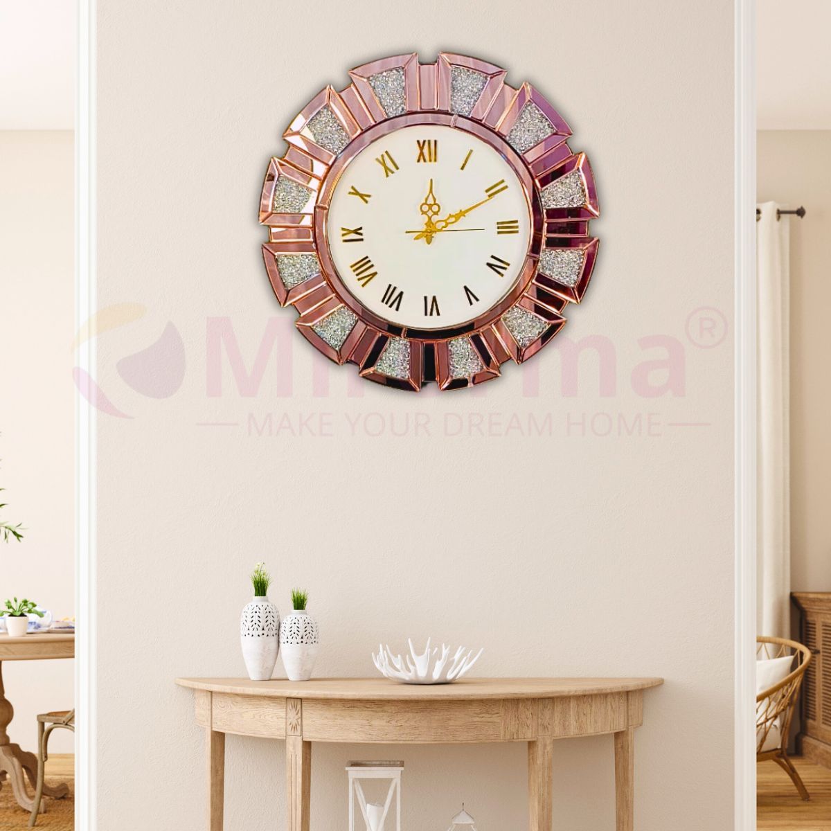 Rose Gold Crystal Diamond Design Mirror Wall Clock Rose Gold Crystal Diamond Design Mirror Wall Clock