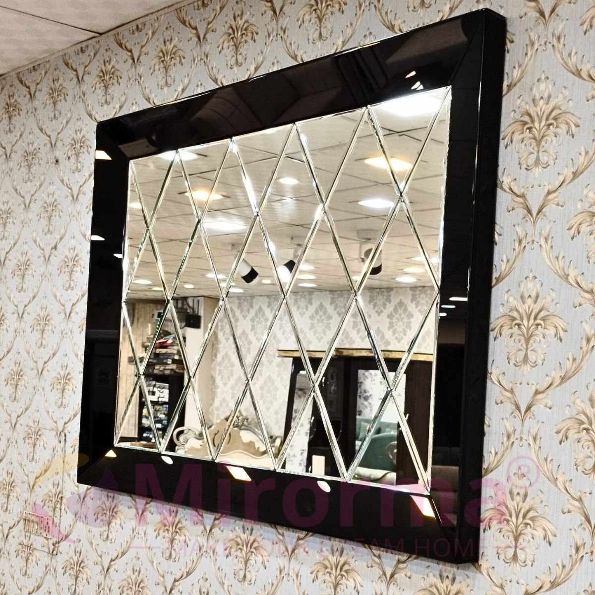Rhombus Style Wall Mirror Rectangle Shape Black Boader thumbnail Rhombus Style Wall Mirror Rectangle Shape Black Boader thumbnail