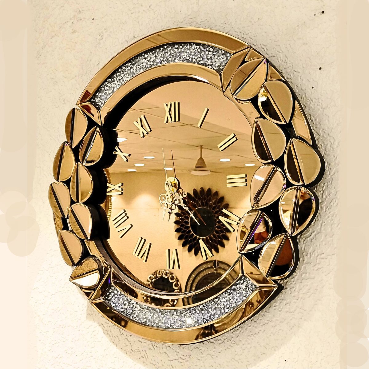 Leaf Style With Diamond Crystal Wall Mirror Clock thumbnail