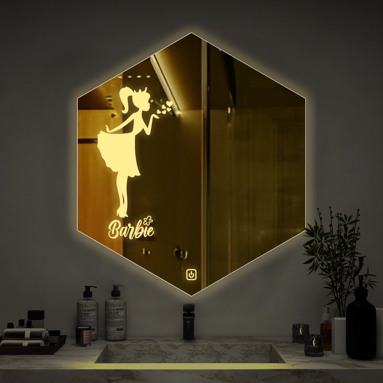 Hexagon Shaped Fairy Barbie Girl Design LED Bathroom Wall Mirror thumbnail Hexagon Shaped Fairy Barbie Girl Design LED Bathroom Wall Mirror thumbnail