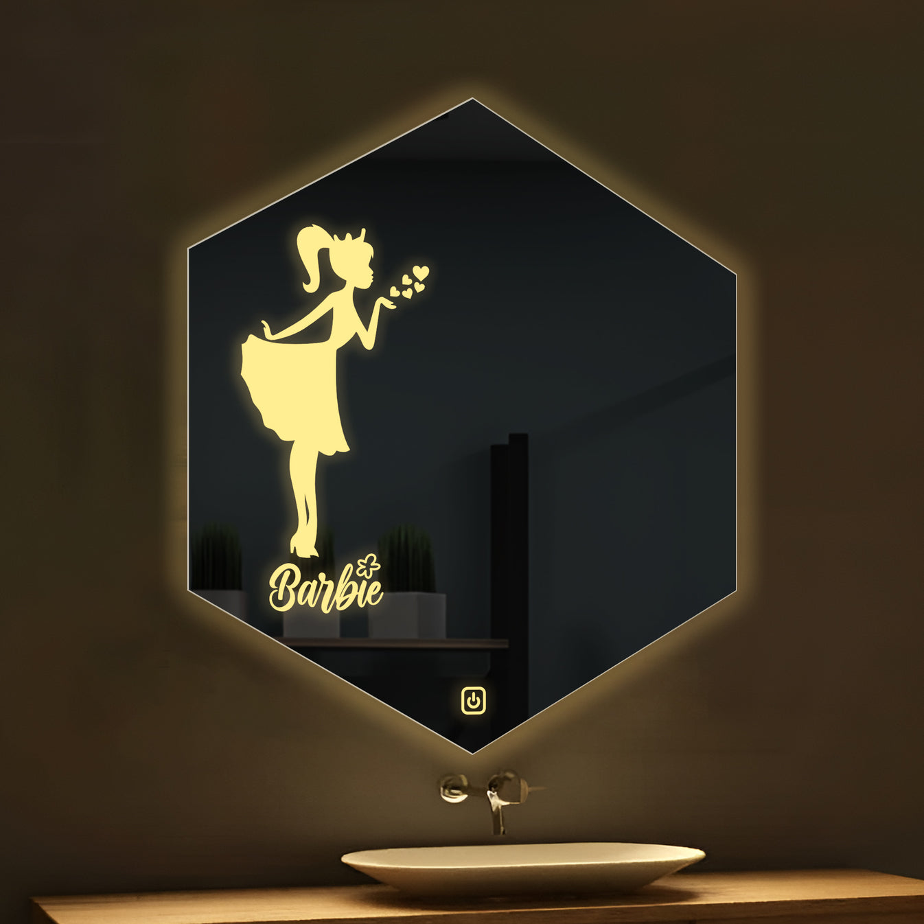 Hexagon Shaped Fairy Barbie Girl Design LED Bathroom Wall Mirror thumbnail Hexagon Shaped Fairy Barbie Girl Design LED Bathroom Wall Mirror thumbnail