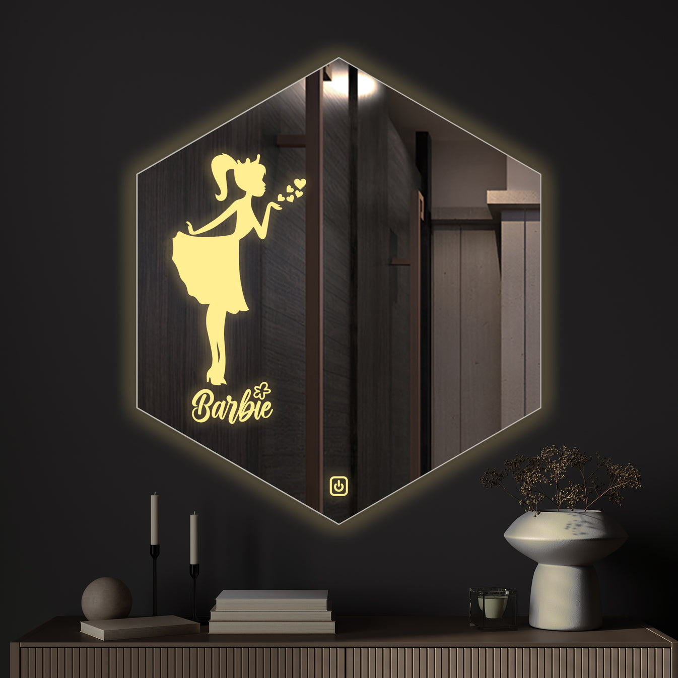 Hexagon Shaped Fairy Barbie Girl Design LED Bathroom Wall Mirror Hexagon Shaped Fairy Barbie Girl Design LED Bathroom Wall Mirror