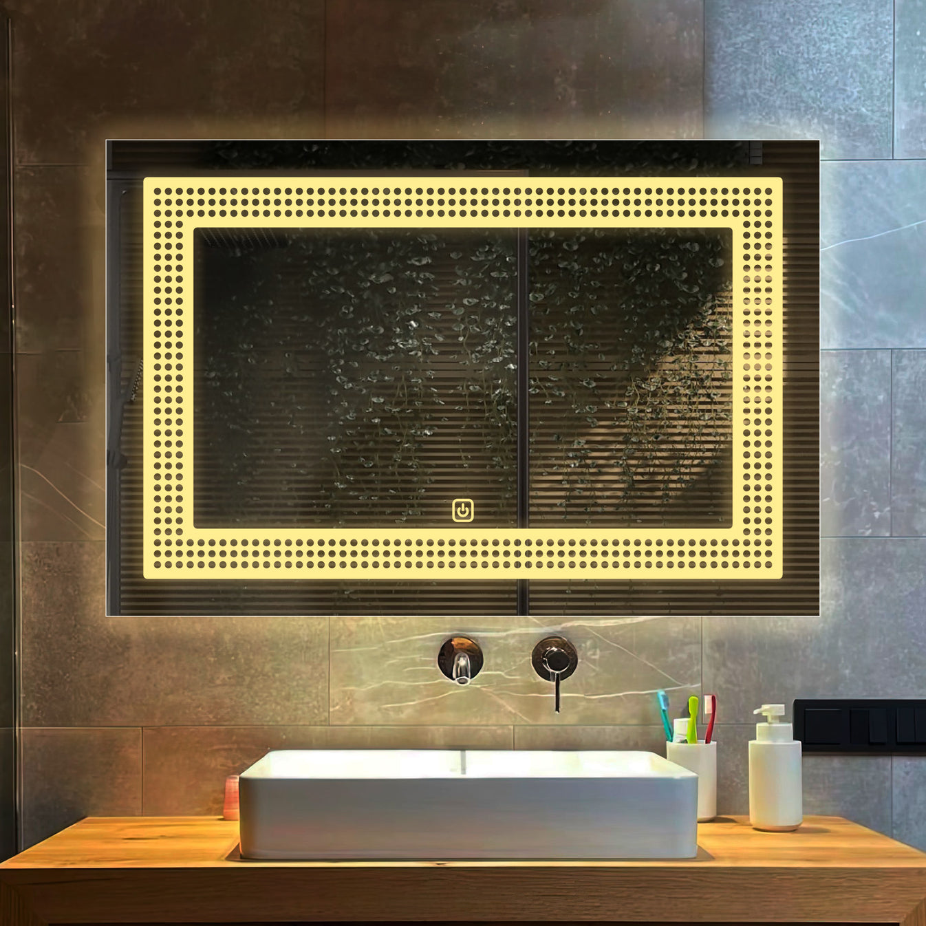 Rectangular Shaped Decorative Pattern LED Bathroom Wall Mirror thumbnail Rectangular Shaped Decorative Pattern LED Bathroom Wall Mirror thumbnail