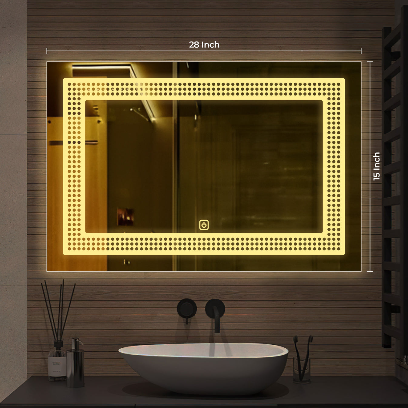 Rectangular Shaped Decorative Pattern LED Bathroom Wall Mirror thumbnail Rectangular Shaped Decorative Pattern LED Bathroom Wall Mirror thumbnail