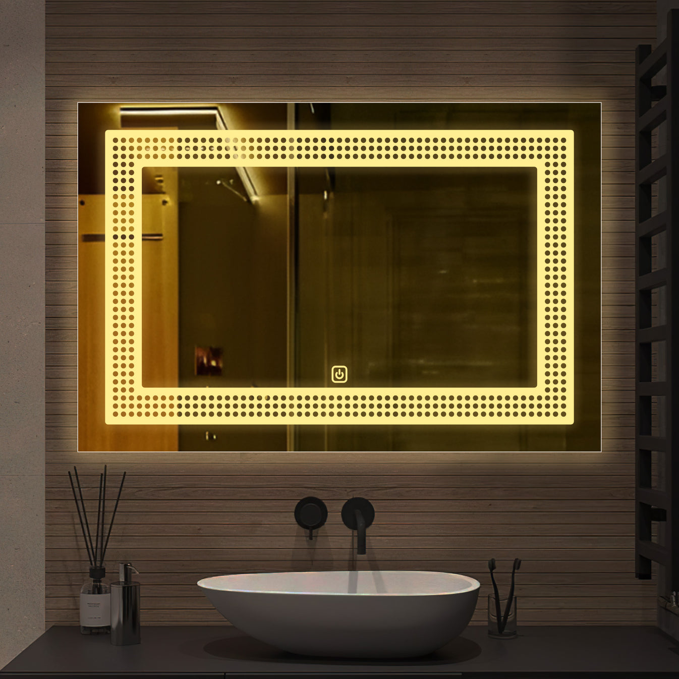  Rectangular Shaped Decorative Pattern LED Bathroom Wall Mirror