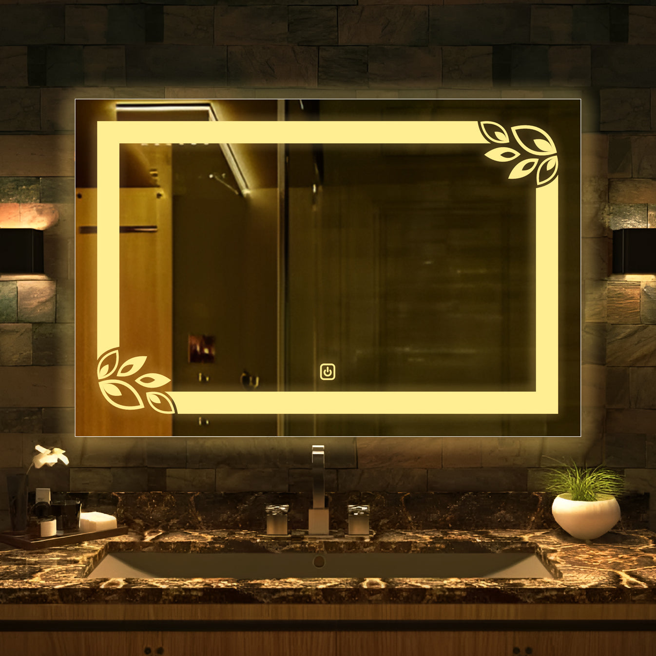 Classic Rectangular Shaped Floral Patten LED Bathroom Wall Mirror thumbnail Classic Rectangular Shaped Floral Patten LED Bathroom Wall Mirror thumbnail