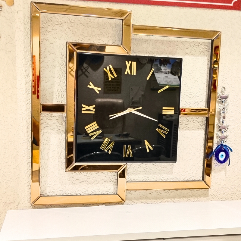   Square Design Mirror Wall Clock Gold Color  thumbnail