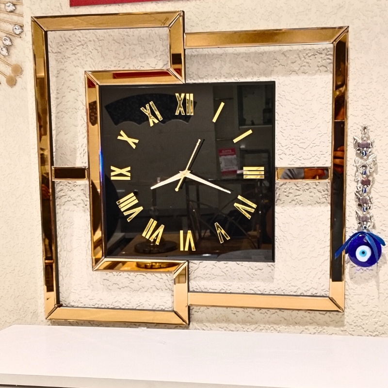   Square Design Mirror Wall Clock Gold Color  thumbnail