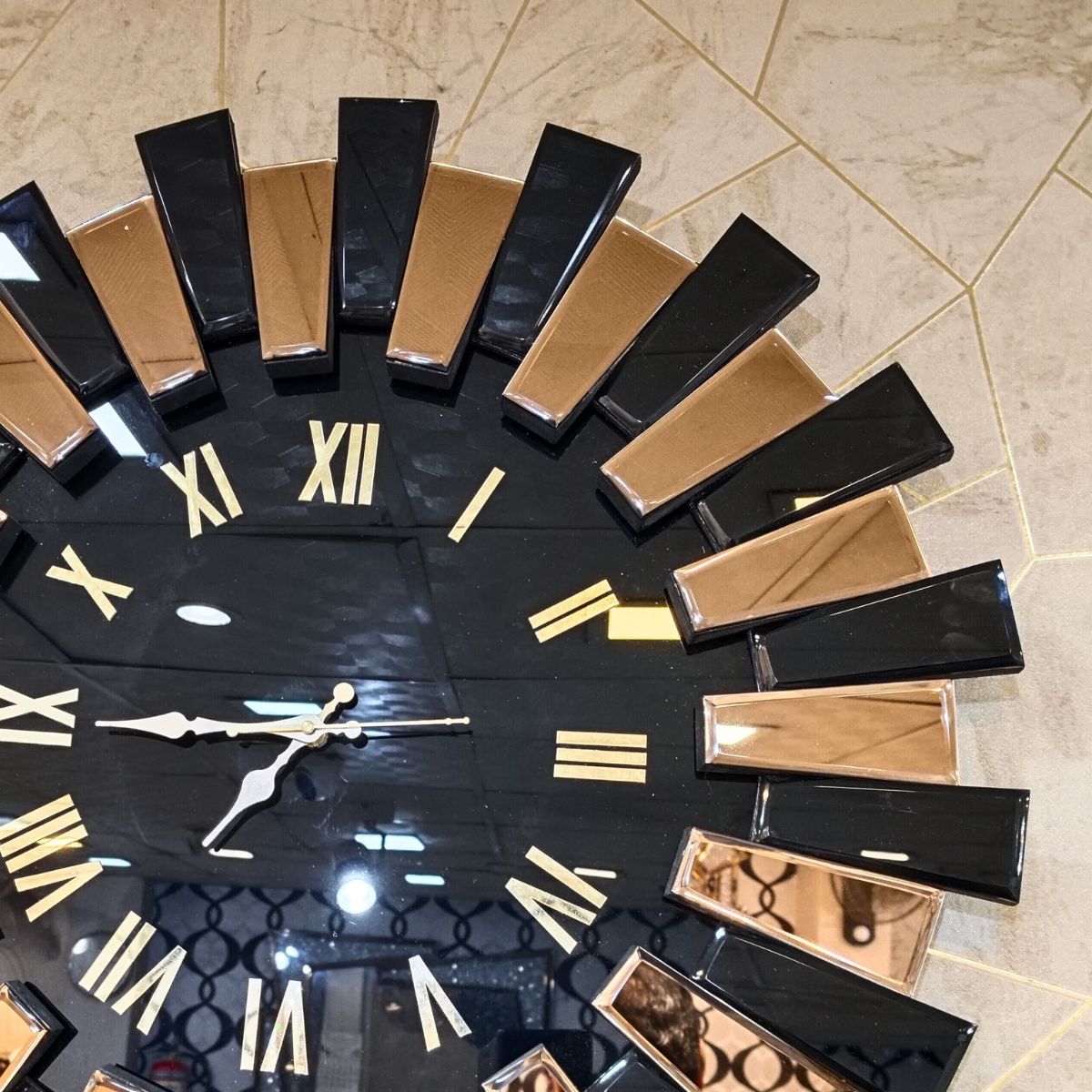   Sun Brown Stylish Mirror Wall Clock  Gold Black thumbnail