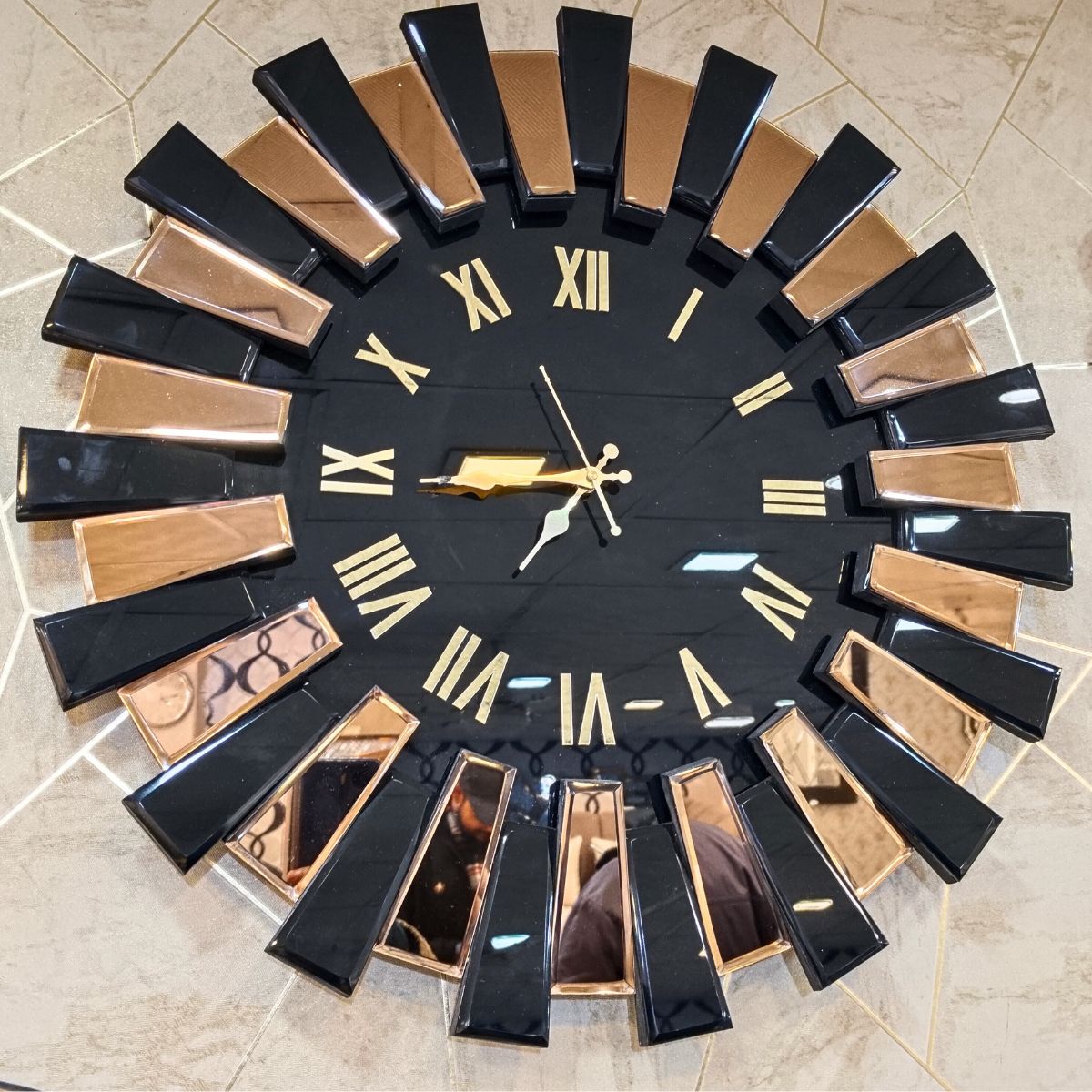   Sun Brown Stylish Mirror Wall Clock  Gold Black thumbnail