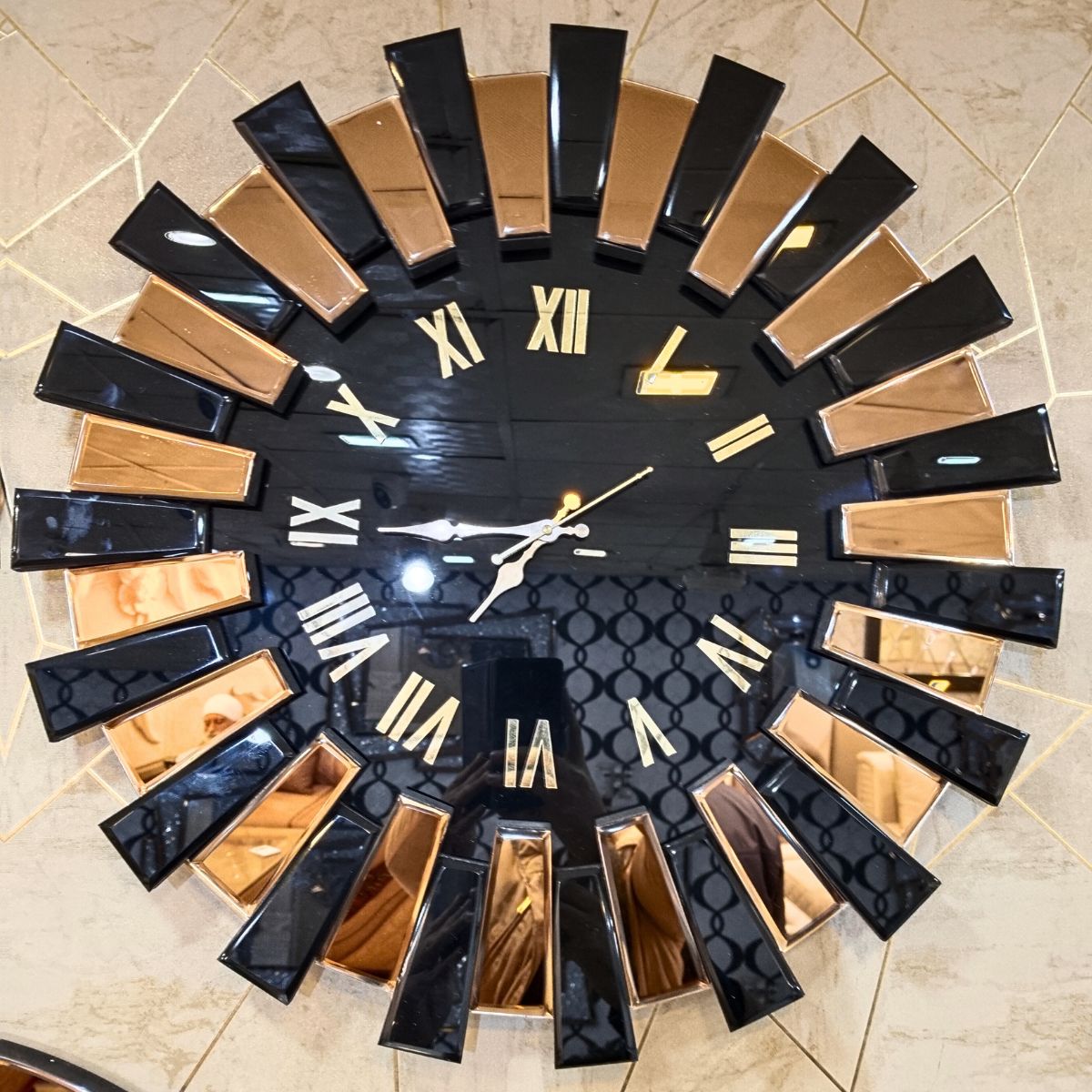   Sun Brown Stylish Mirror Wall Clock  Gold Black