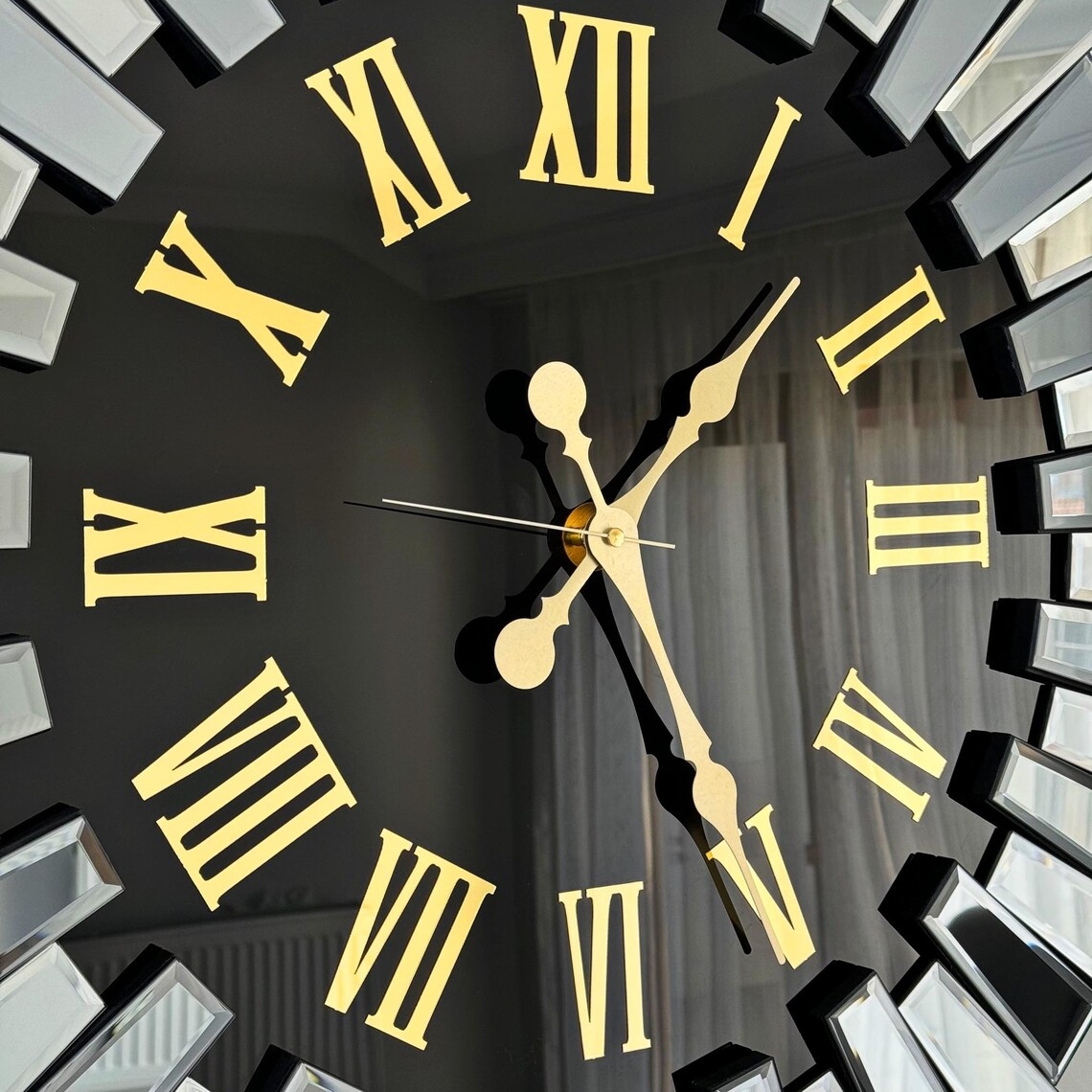 Up down Design Mirror and black dial Gold Numerals Mirror Wall Clock thumbnail