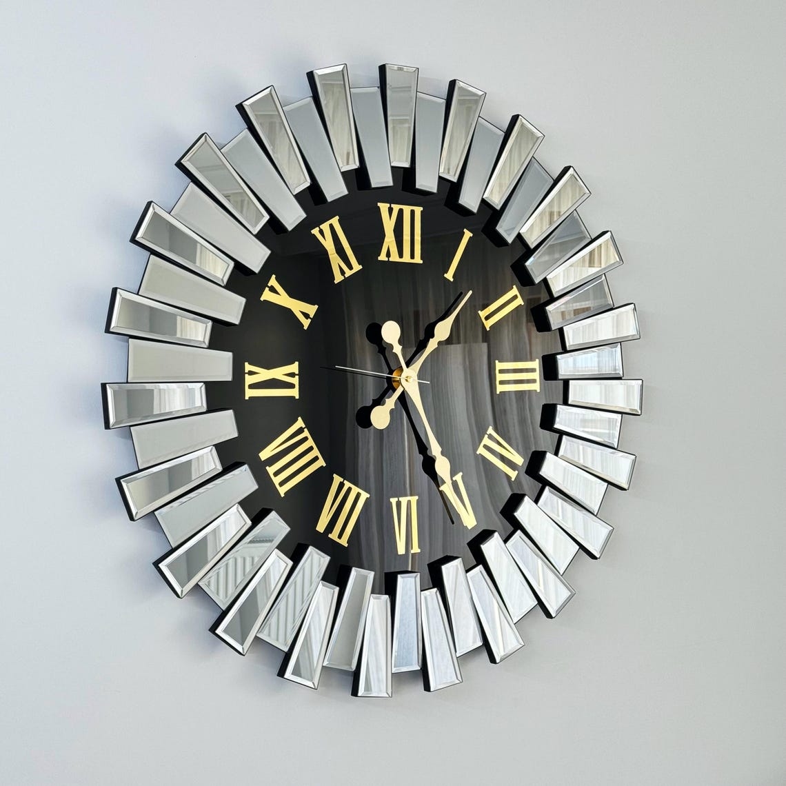 Up down Design Mirror and black dial Gold Numerals Mirror Wall Clock