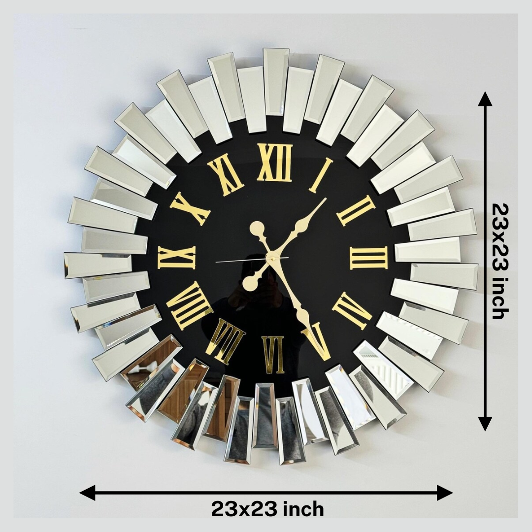 Up down Design Mirror and black dial Gold Numerals Mirror Wall Clock