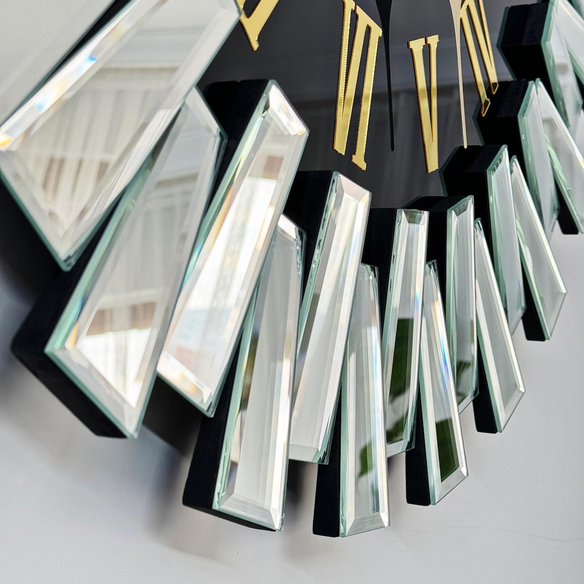 Up down Design Mirror and black dial Gold Numerals Mirror Wall Clock thumbnail