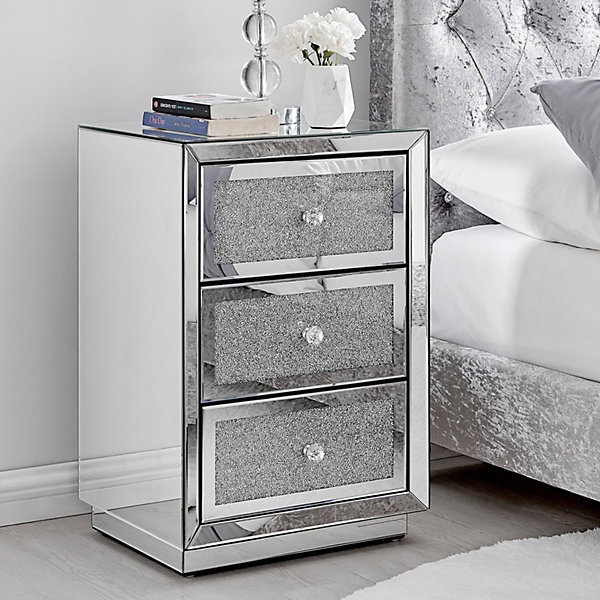Glam Crystal Mirrored 3-Drawer Bedside Table