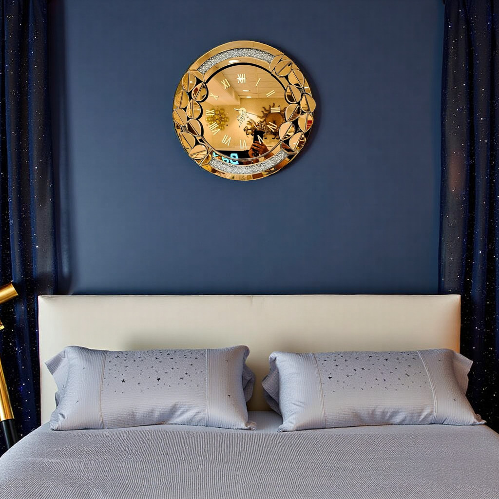 Leaf Style With Diamond Crystal Wall Mirror Clock thumbnail