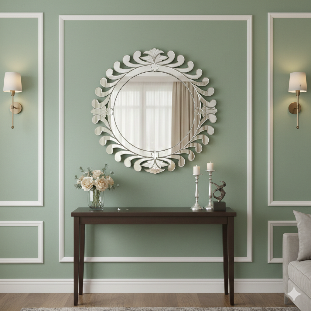 Handmade Silver Glass Venetian Round Sunburst Wall Mirror Handmade Silver Glass Venetian Round Sunburst Wall Mirror