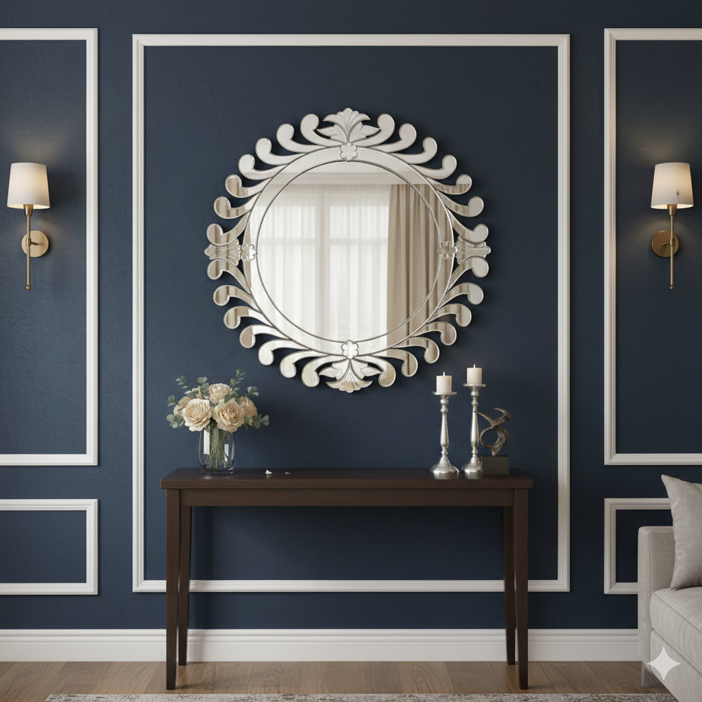 Handmade Silver Glass Venetian Round Sunburst Wall Mirror thumbnail